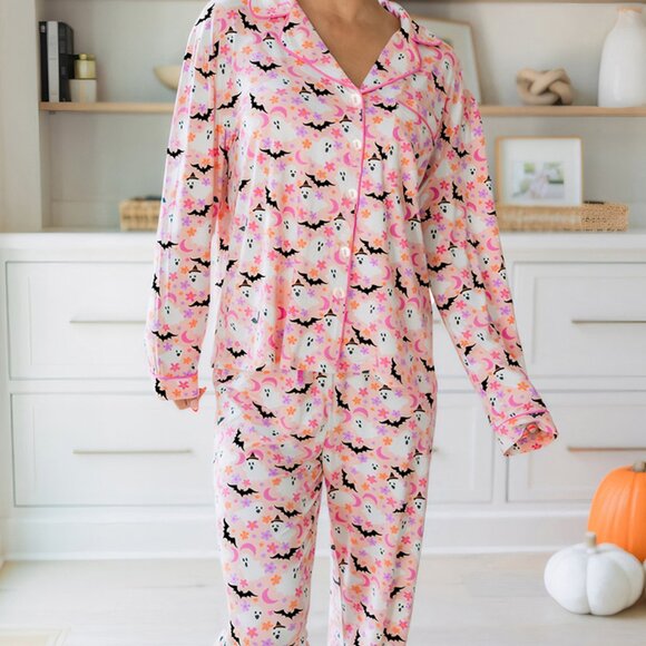 Halloween Ghost Print‎ Button Up Top and Pants Lounge Set